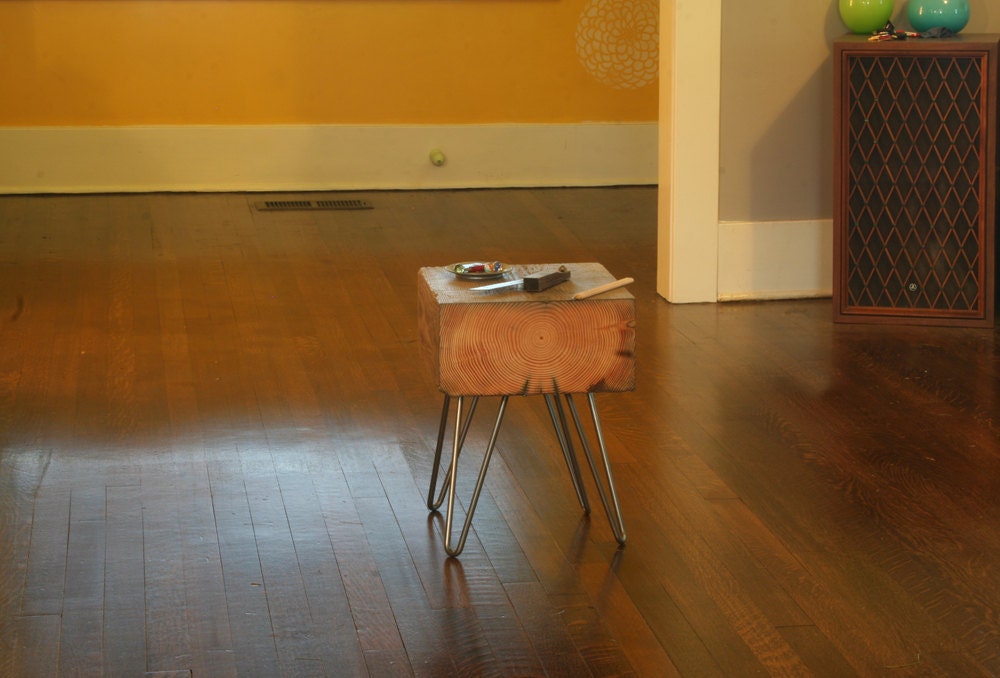 ON SALE - side table - from reclaimed old growth wood and hairpin legs - industrial modern deep forest raw beauty