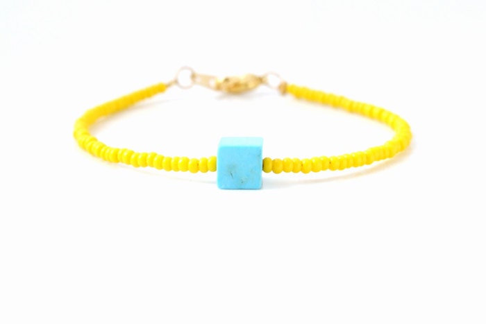Yellow Seed Beads Bracelet With Turquoise Blue Cube - Geometric Bracelet - Neon - Trendy Hip Modern