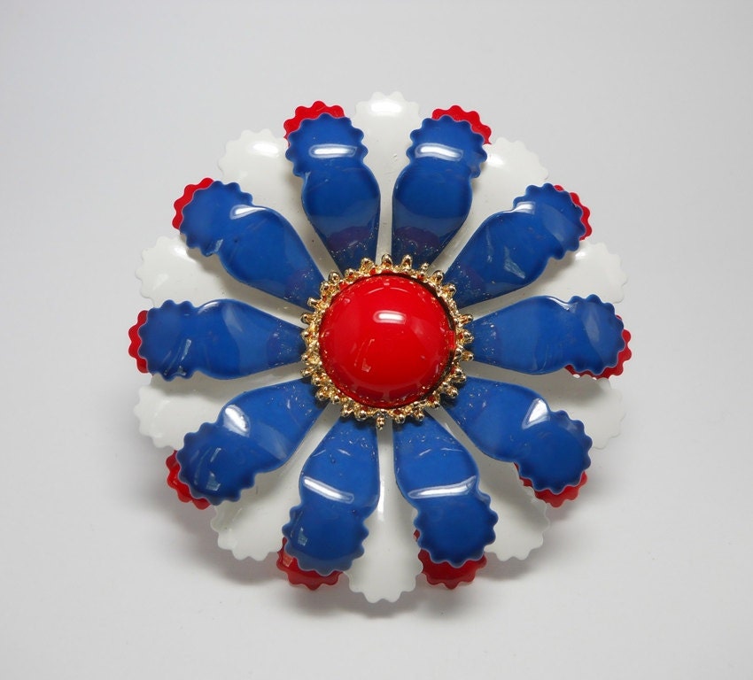 Vintage Red, White, and Blue Enamel Flower Brooch