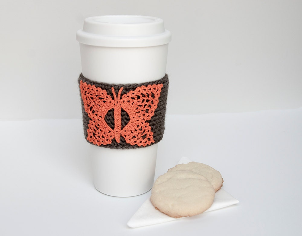 Butterfly Coffee Cozy, crocheted, taupe, brown, mocha sleeve, orange butterfly