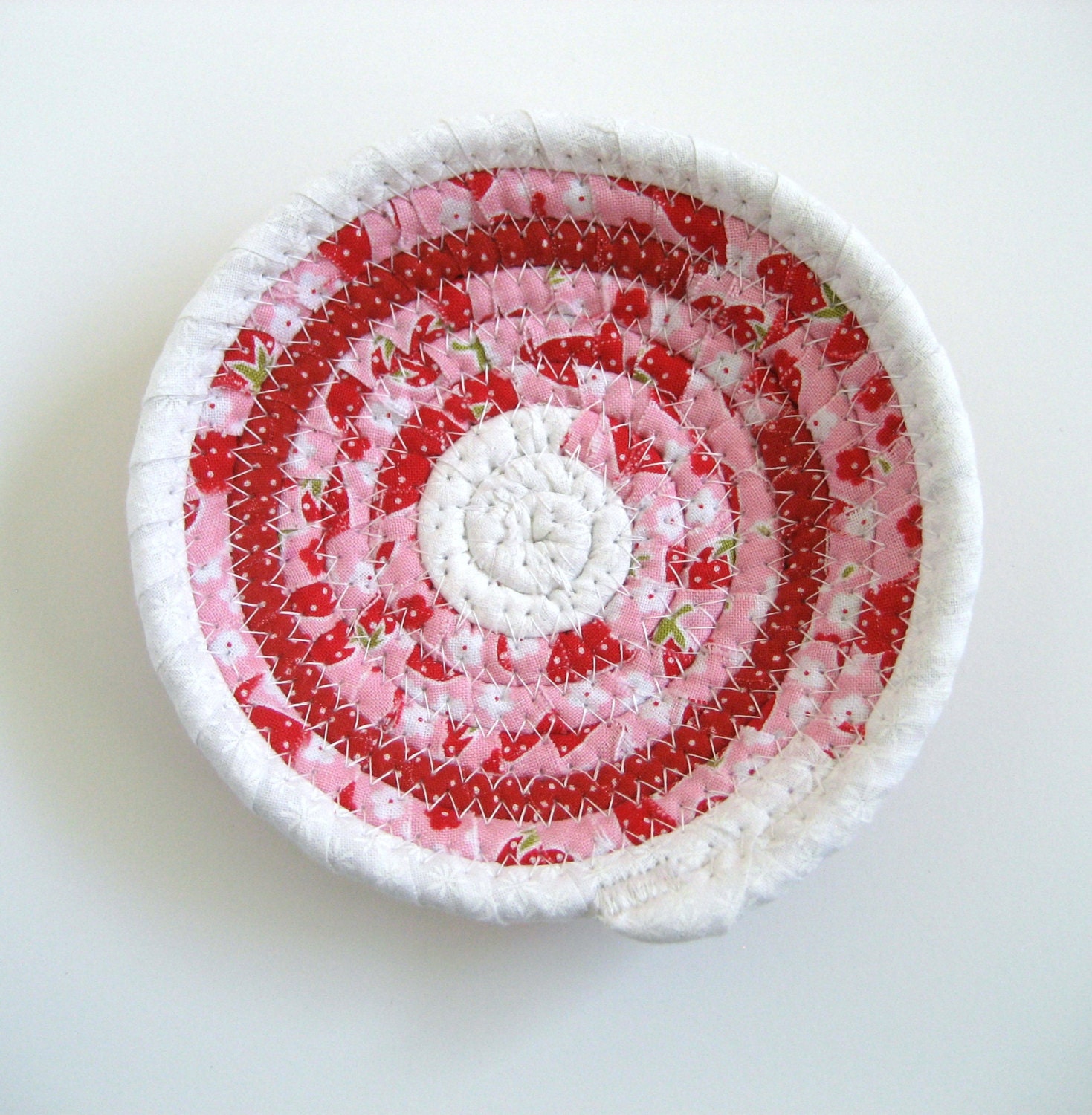 SALE ITEM Fabric Basket Mini Ring Jewelry Catcher Multi Purpose Handmade Red Pink White