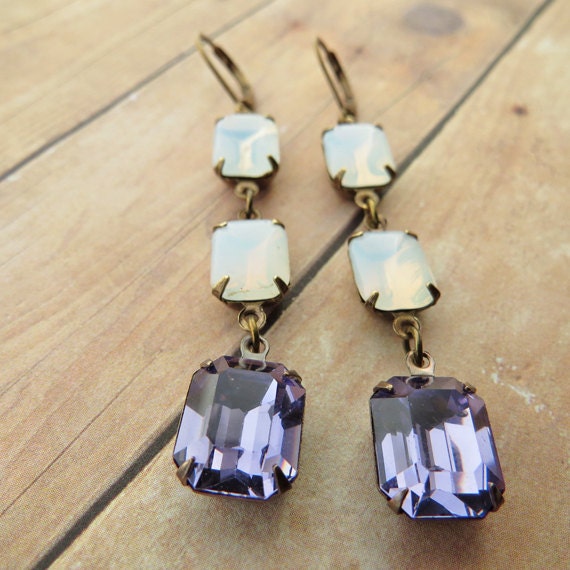 Drop Earrings Vintage White Opal Glass Dangle Earrings Wedding Jewelry Purple Tanzanite Swarovski Crystals Bridal Bridesmaid Jewelry