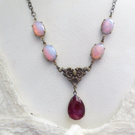 Red Ruby Necklace, Opal Necklace, Victorian Teardrop Pendant, Bridesmaids Gifts, Wedding Jewelry - Statement Necklace