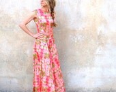 1960s retro Mod jumpsuit - 60s graphic satin floor length hostess gown / palazzo pants- medium