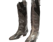 80's Vintage Ted Lapidus Fashion Boots Gun Metal Gray & Black Leather High Boots Lizard Cap Toes Women sz 9