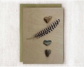 CARD, Three heart stones and one feather, with envelope, blank