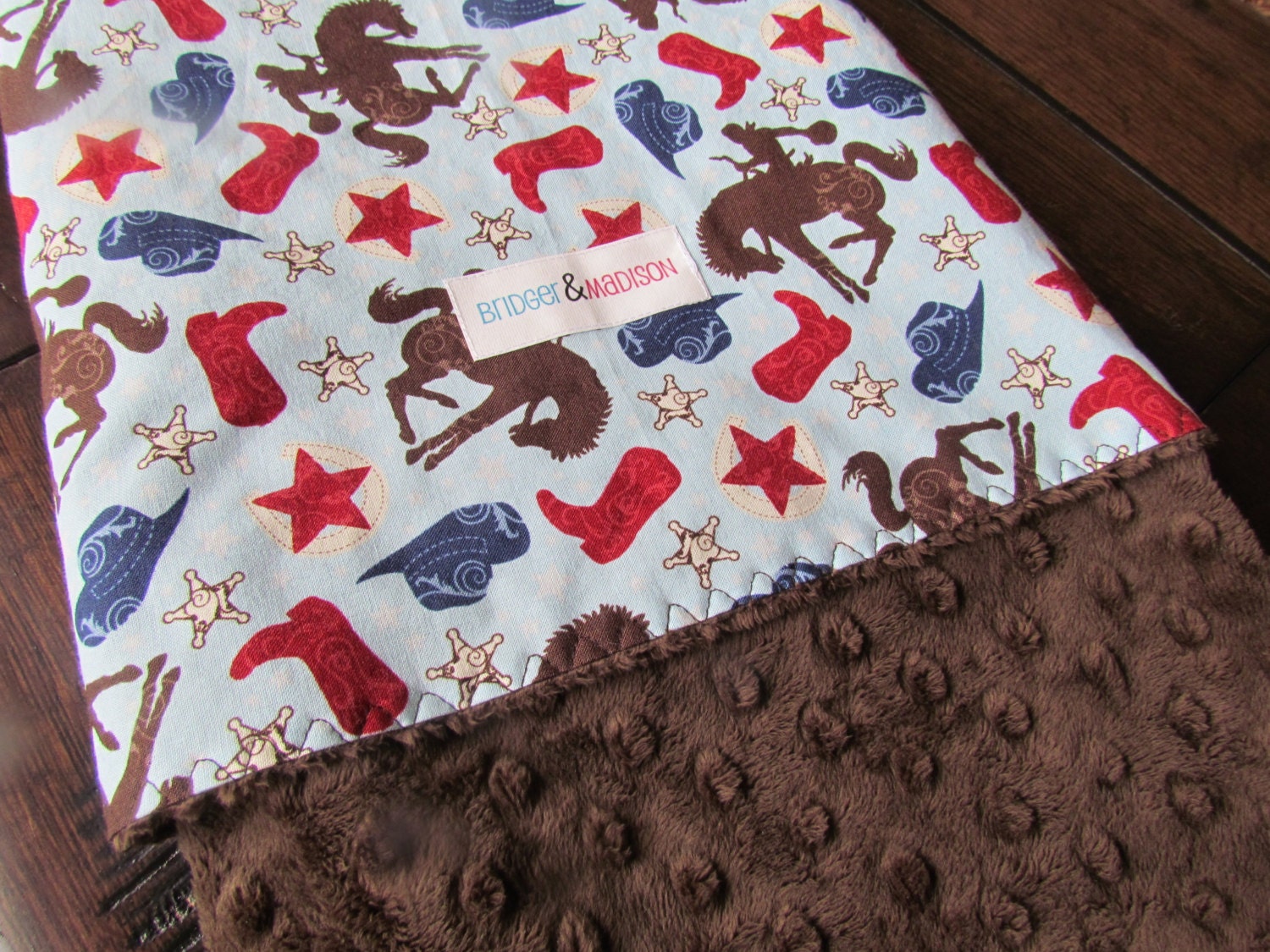 Minky Baby Blanket, Ride Em' Cowboy with Chocolate Brown Minky - READY TO SHIP