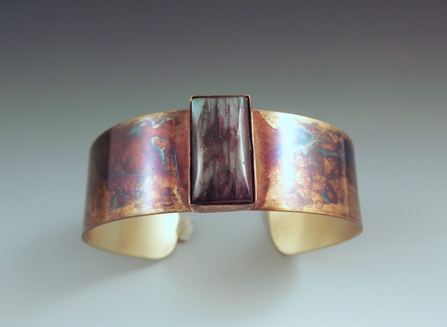 Red Labradorite- Blue Purple Patina Cuff - Metal Art Bracelet