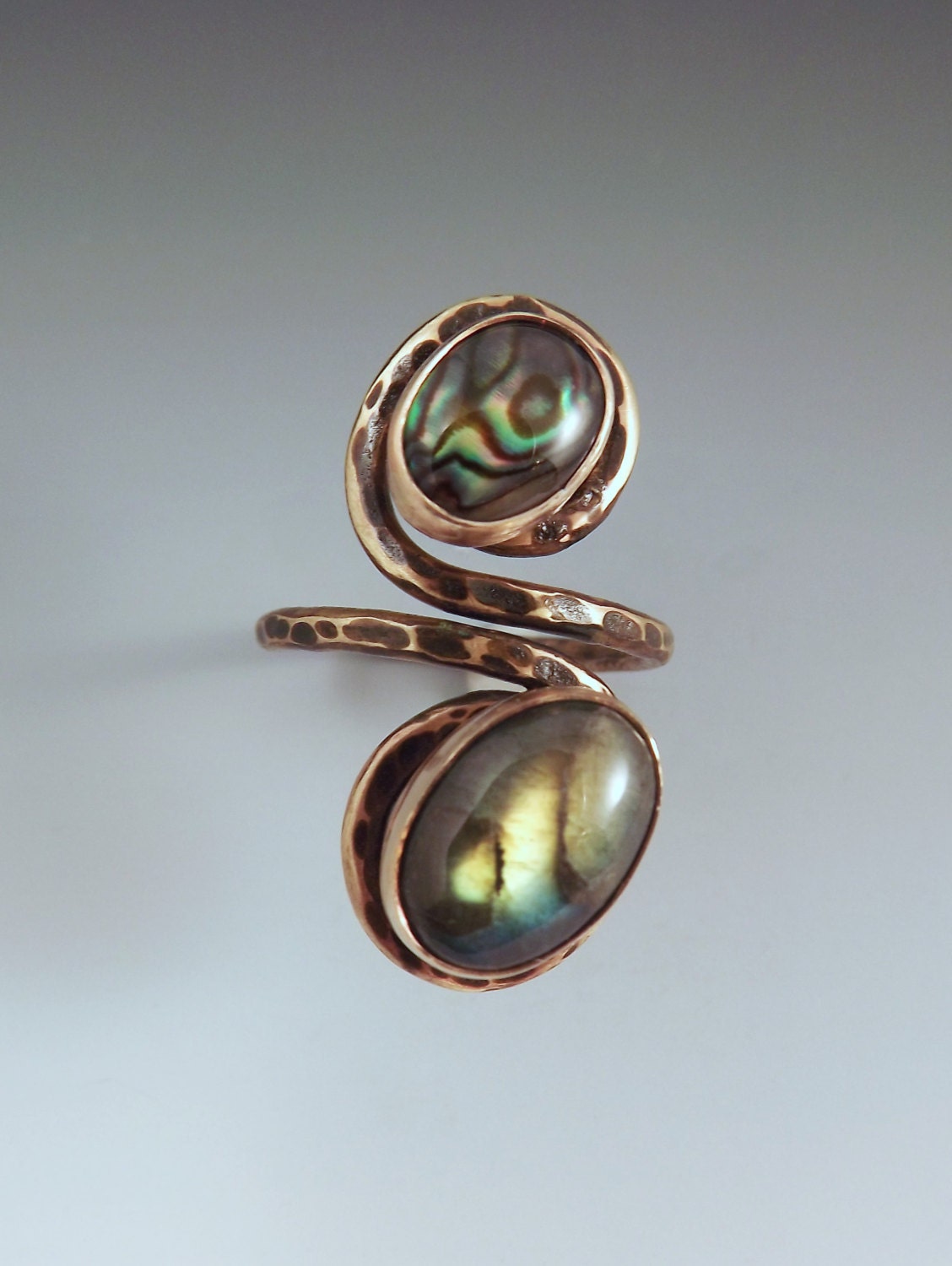 Abalone and Labradorite- Smokey Golden Swirl Adjustable Ring