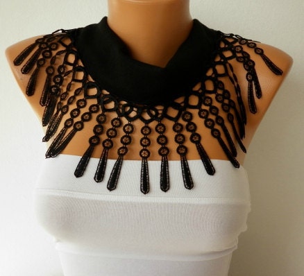 Black Scarf - Pashmina  Scarf  - Cotton Scarf - Cowl with Lace  Edge  -fatwoman
