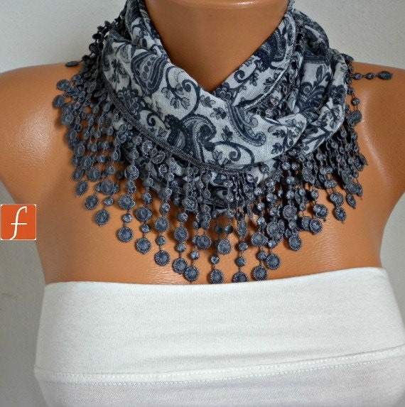 Paisley  Scarf  Gray Grey Scarf  Women Scarf Shawl Scarf Cotton  Scarf Gift - fatwoman