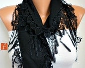 Black  Scarf - Pashmina Scarf - Cowl Scarf with Lace Edge - fatwoman - LOVE - HEART