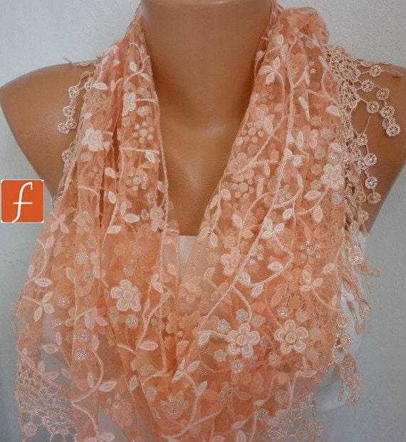 Apricot Scarf  - Lace  Scarf - Cowl Scarf  with Lace Edge Women's Fashion Shawl Scarf   - fatwoman