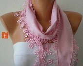 BIG SALE Pink Scarf -  Pashmina Scarf  -  Cowl with Lace Edge - Bridesmaid Gift - fatwoman
