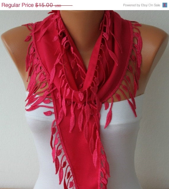BIG SALE Hot Pink  Scarf - Pashmina Scarf  -  Cowl Scarf  with Lace Edge - - fatwoman