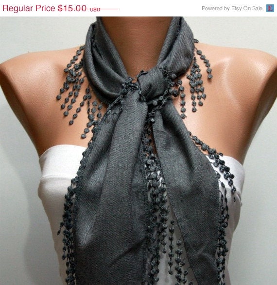 BIG SALE Gray Scarf  -  Pashmina Scarf  - Cowl with Lace Edge