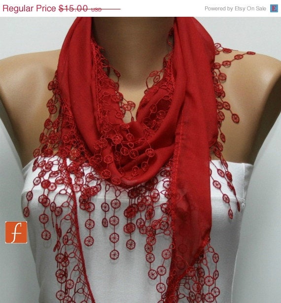 BIG SALE Red Scarf  - Cotton  Scarf -  Cowl Scarf with Lace Edge   - fatwoman