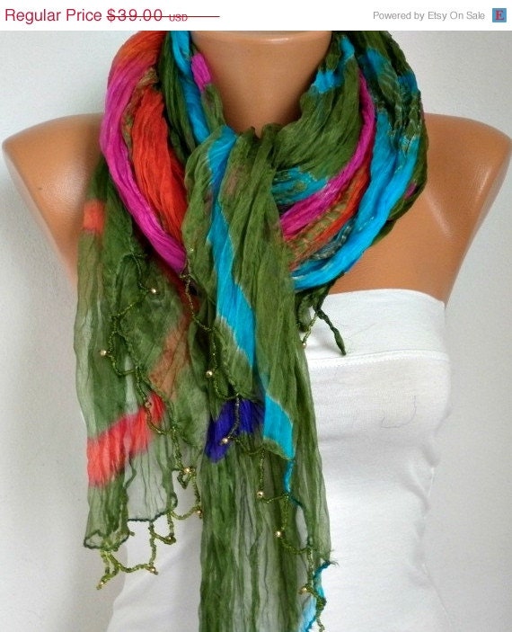 BIG SALE Ombre Silk Scarf  -  Bead edge - Shawl Scarf -  Batik - Cowl Scarf - fatwoman bridesmaid gift