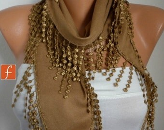 Dark Camel Scarf  -  Pashmina Scarf  - Cowl Scarf - Shawl  with Lace Edge