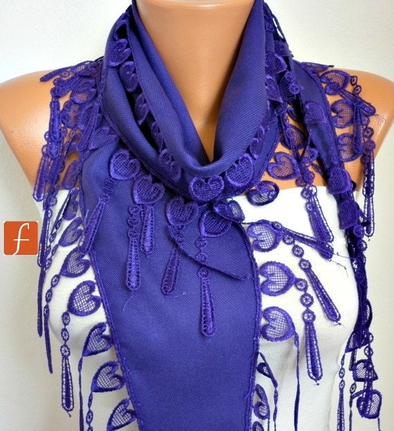 Purple Scarf - Pashmina Scarf - Cowl with Lace Edge - Heart -fatwoman