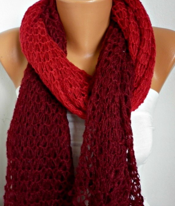 Burgundy Tube Scarf Infinity Scarf Loop Scarf Circle Scarf Knitted Lace Scarf - Cowl Scarf - Long Scarf -  from Red to Burgundy