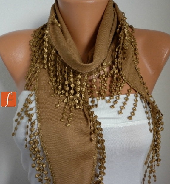 Dark Camel Scarf  -  Pashmina Scarf  - Cowl Scarf - Shawl  with Lace Edge