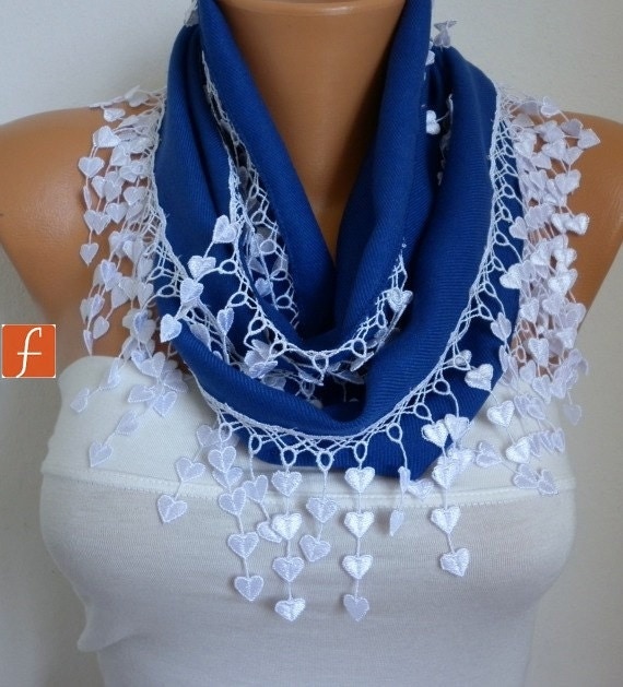 Navy Blue Scarf -Pashmina Scarf - Cowl with Lace Edge - fatwoman