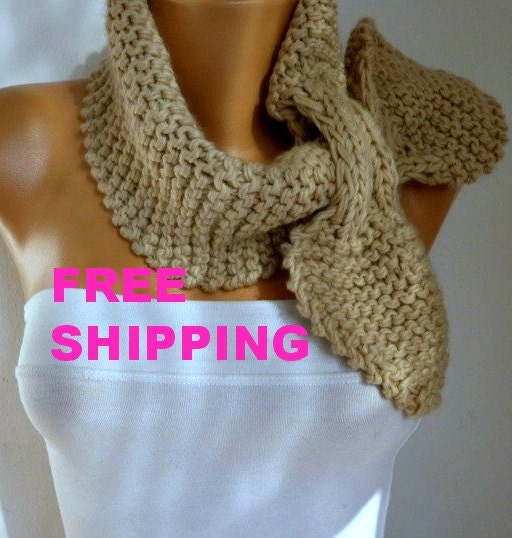 FREE SHIPPING - Beige  Knit scarf 50s style retro  scarflette gypsy bow neck warmer knitted  scarlet  - fatwoman