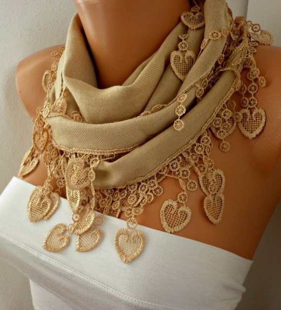 BIG SALE Camel Scarf  -  Pashmina Scarf  -  Cowl with Lace Edge - fatwoman