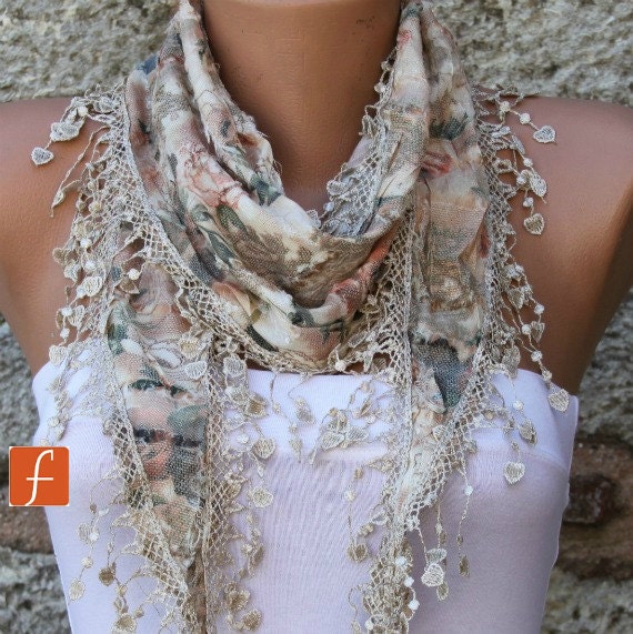 Multicolor Scarf  - Cotton  Scarf -  Cowl with Lace Edge - fatwoman