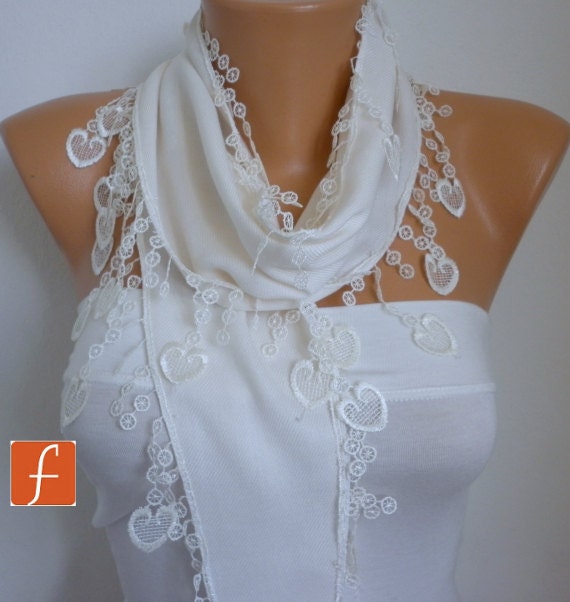 White Scarf   Pashmina Scarf  Cowl- Shawl with Lace Edge   - Off White - fatwoman - Bridesmaids Gifts