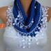 Navy Blue Scarf -Pashmina Scarf - Cowl with Lace Edge - fatwoman