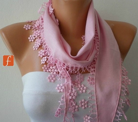 Pink Scarf - Pashmina Scarf - Cowl with Lace Edge - Bridesmaid Gift - fatwoman