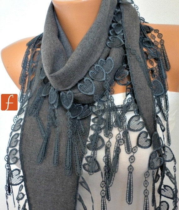 BIG SALE Gray Scarf  -  Pashmina Scarf  -  Cowl Scarf with Lace Edge - fatwoman