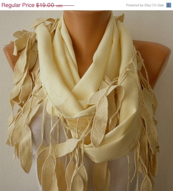 BIG SALE Women Pashmina  Scarf  - Cotton Scarf -  Cowl with Lace  Edge - Yellow