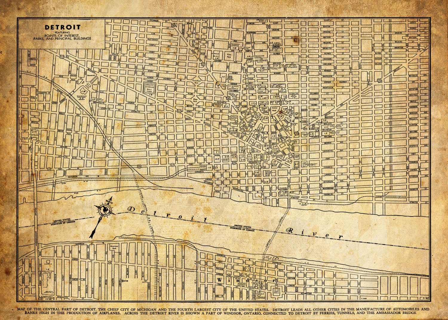1920 Detroit Michigan Street Map Vintage 13x19 Sepia Grunge Print Poster
