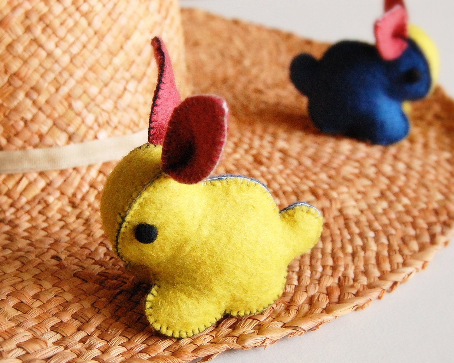 Red Blue and Yellow Felted Bunny Rabbit Toy -- Unique animal soft sculpture -- Ecofriendly felt animal