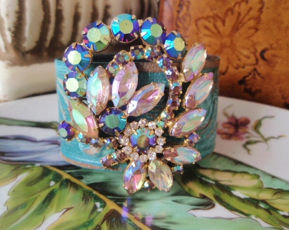 SPRING SALE Leather belt cuff bracelet 'Wreath of Fire', turquoise, vintage iridescent rhinestones, luxe bohemian, unique spring resort wear