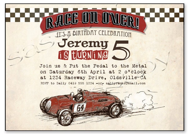 Vintage Racing Car Invitation - Boys Birthday Party - DIY PRINTABLE FILE by Sassaby