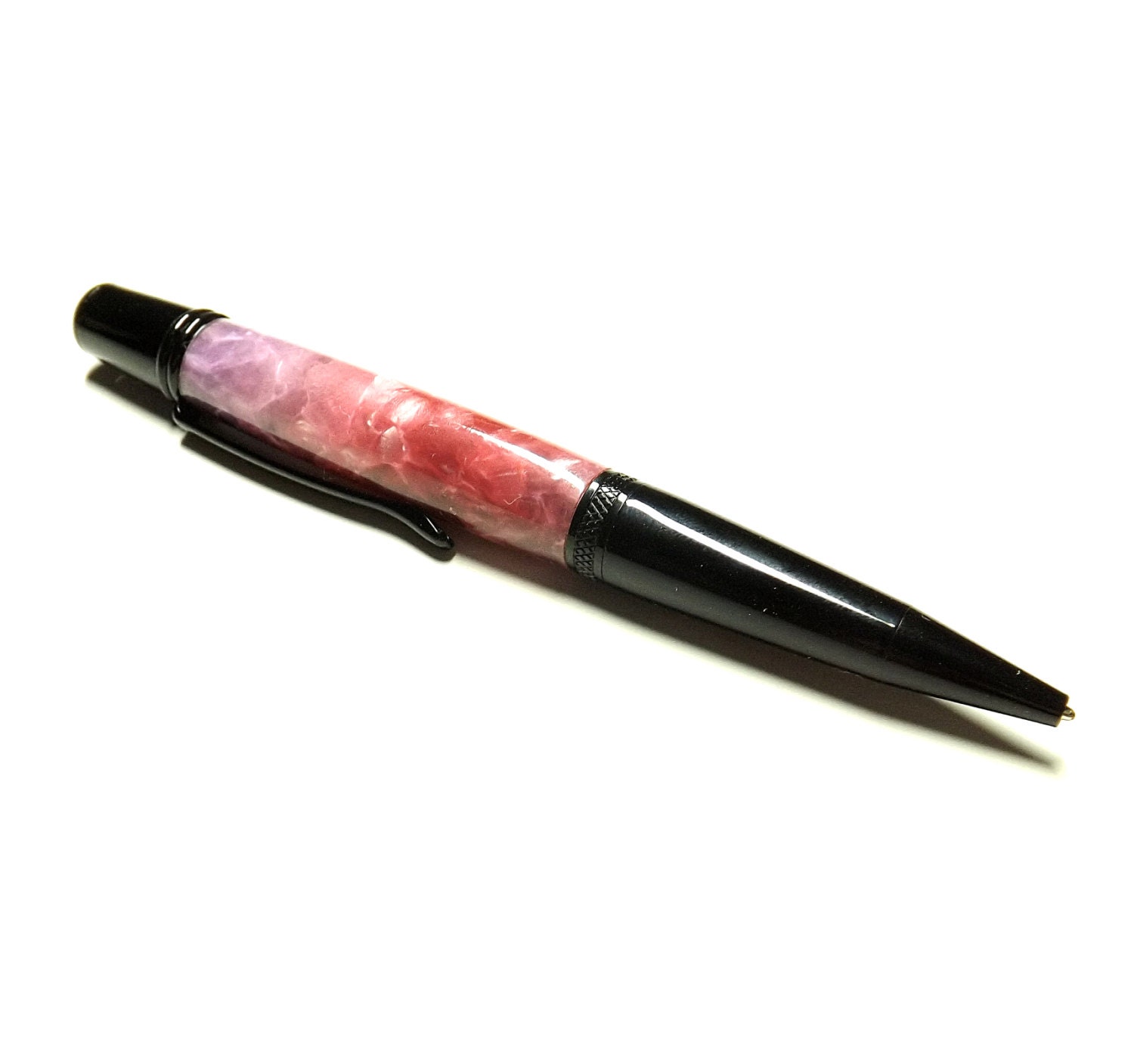 Hand Turned Pen - Sierra Ballpoint - Twist Style - Purple Pink Acrylic - Black Chrome Hardware - Black Ink - Black Velvet Pouch Included