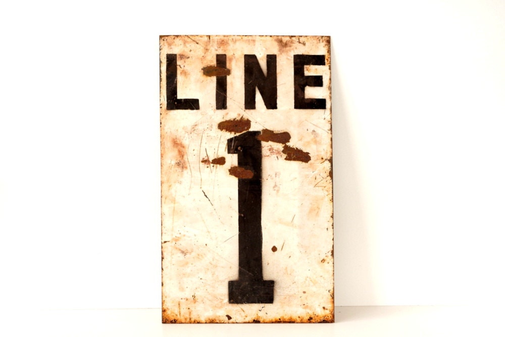 Vintage / Antique Metal "Line 1" Train Track Number Sign (Large) - Industrial Home Decor, Collectible, Man Cave