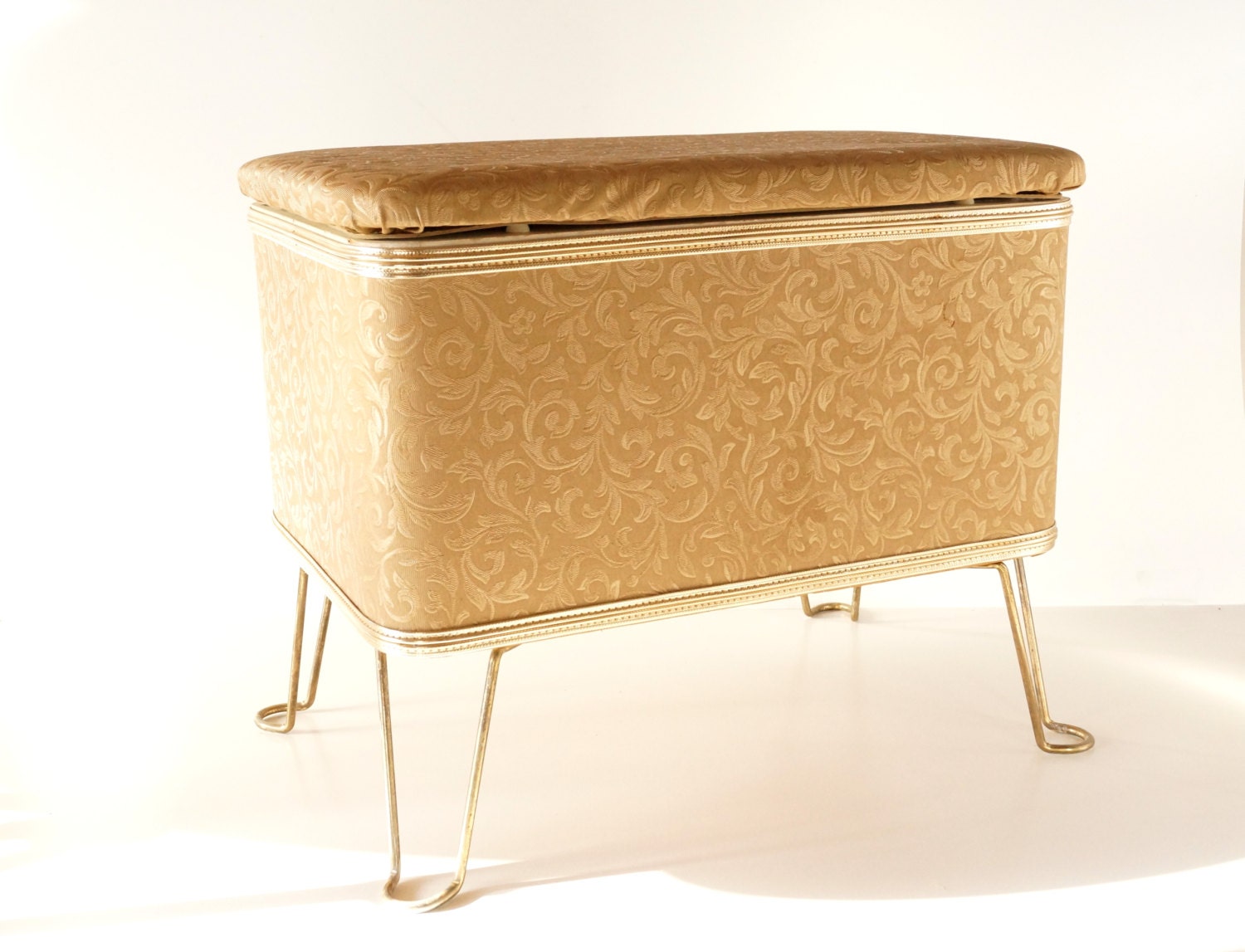 Vintage Sewing Storage Bench / Vanity Bench with Hairpin Legs in Gold and Bronze (c.1926) - Home Storage, Retro Home Decor