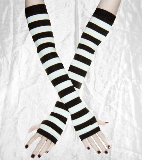 Extra Long Black and White Striped arm warmers goth by Mellode