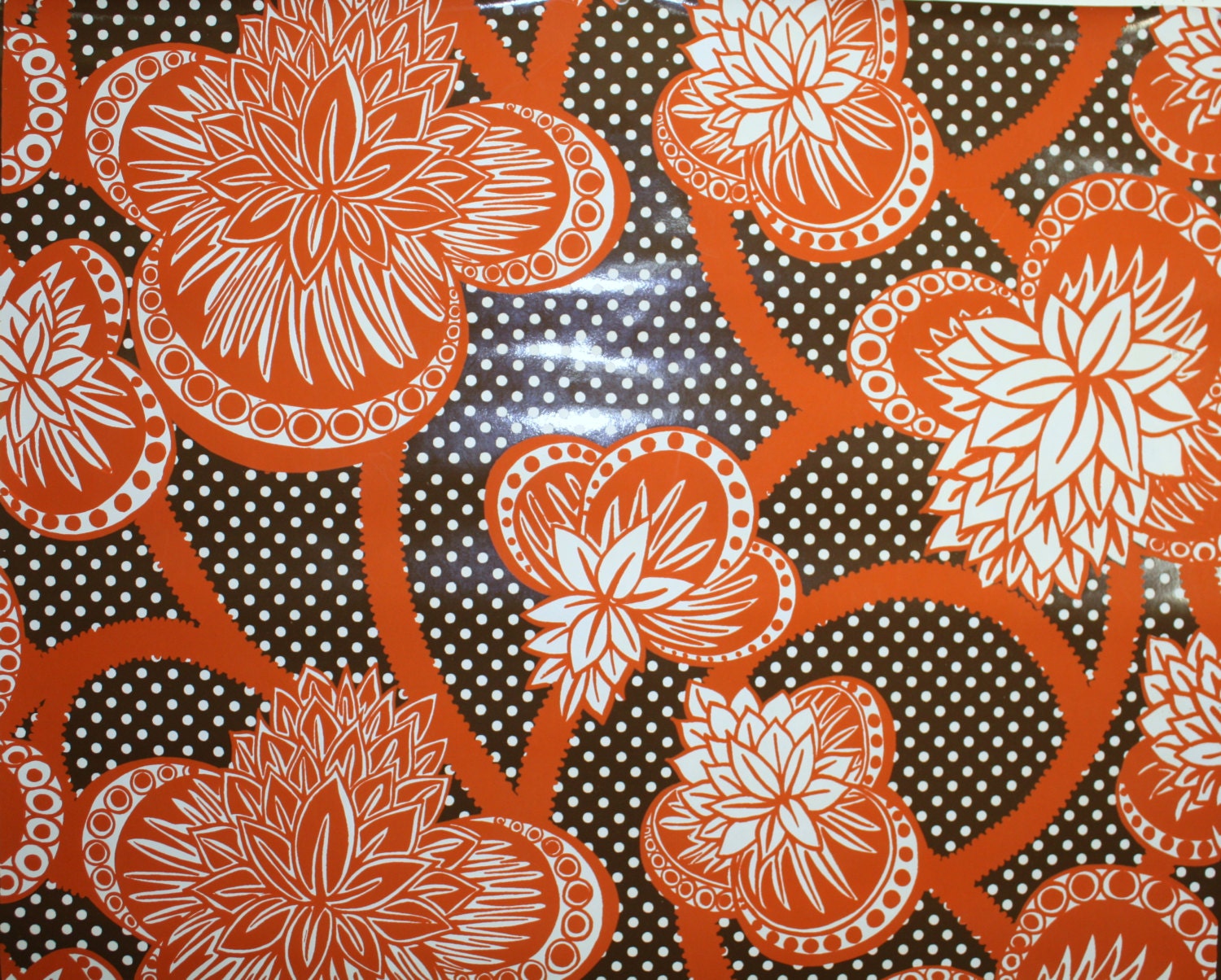 1970's Vintage Wallpaper Judscott Handprint "Sy Borite" Orange Flowers on Brown and white Polka dots