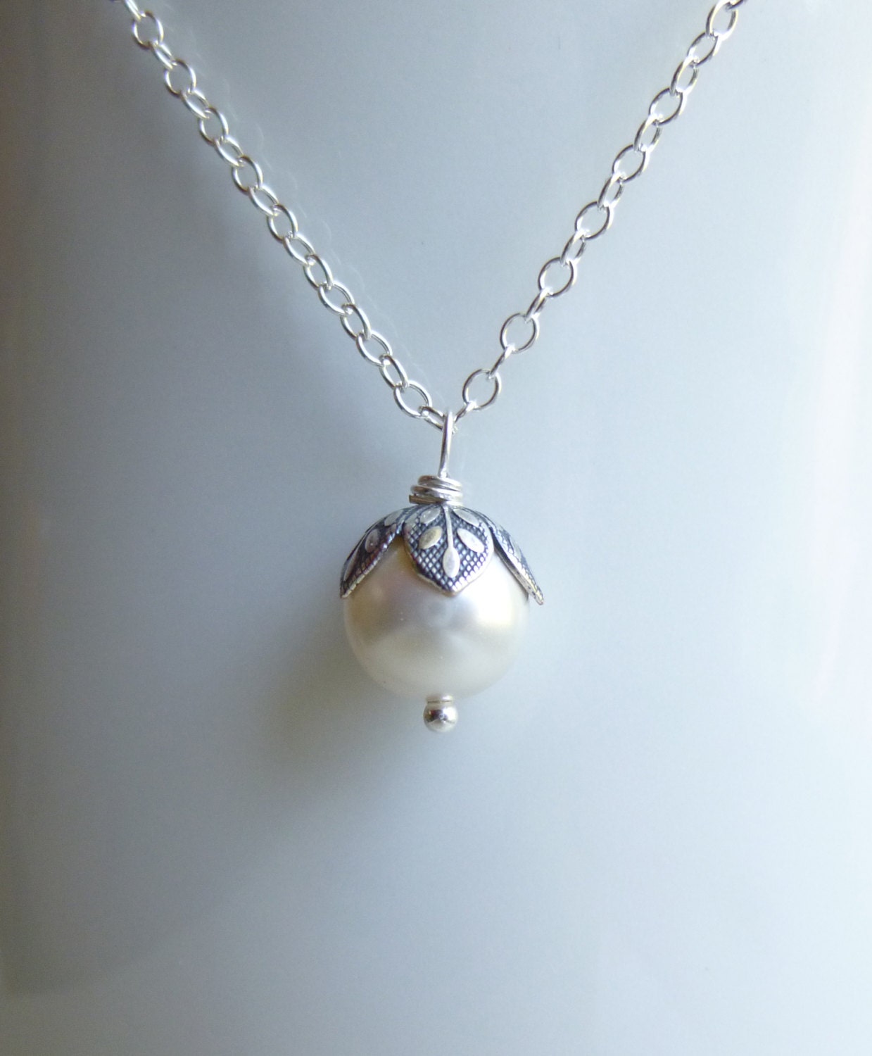 Pearl with Vintage Style Petals Necklace on Sterling Silver Chain -- Bridesmaids Gift