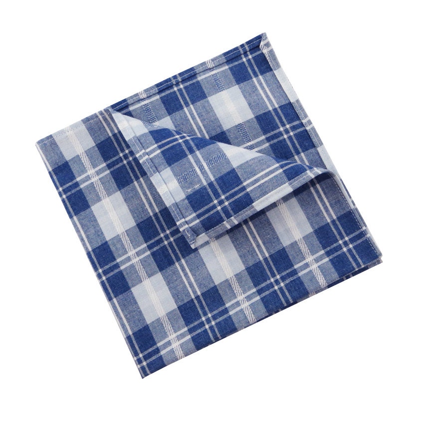 POCKET SQUARE, Handkerchief - Blue and White Check/Plaid Chambray