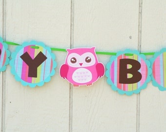 Pink Owl Happy Birthday Banner