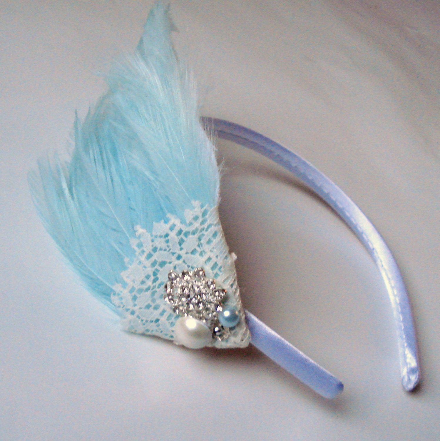 Blue Feather Headband, Lace Headband, Feather Lace Headband, Beaded Lace Headband