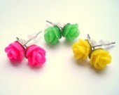 Set of Three Rose Earring Studs: Hot Pink Rose Studs, Neon Yellow Flower Earrings, Neon Green Rose Earrings