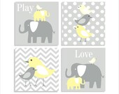 Elephants and Birds, Chevron Canvas, Children's Wall Art, Nursery Wall Art, Children's Canvas- Set of four 12x12 stretched canvas